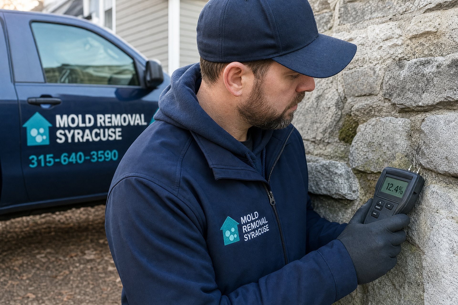 Moisture meter reading along a foundation wall