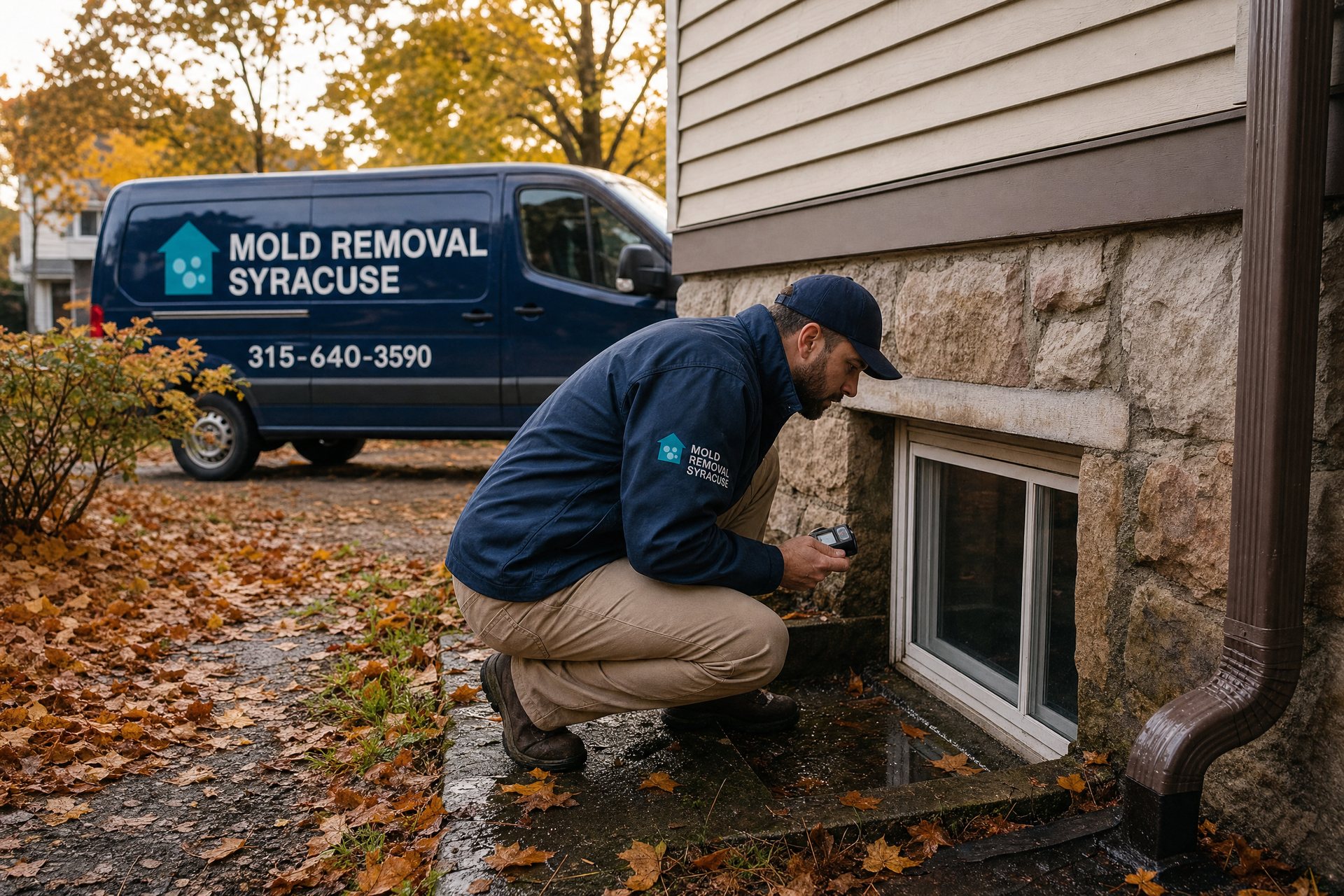 Moisture assessment at a window well in autumn