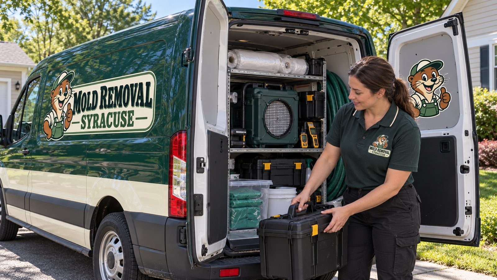 Technician preparing equipment beside the service van