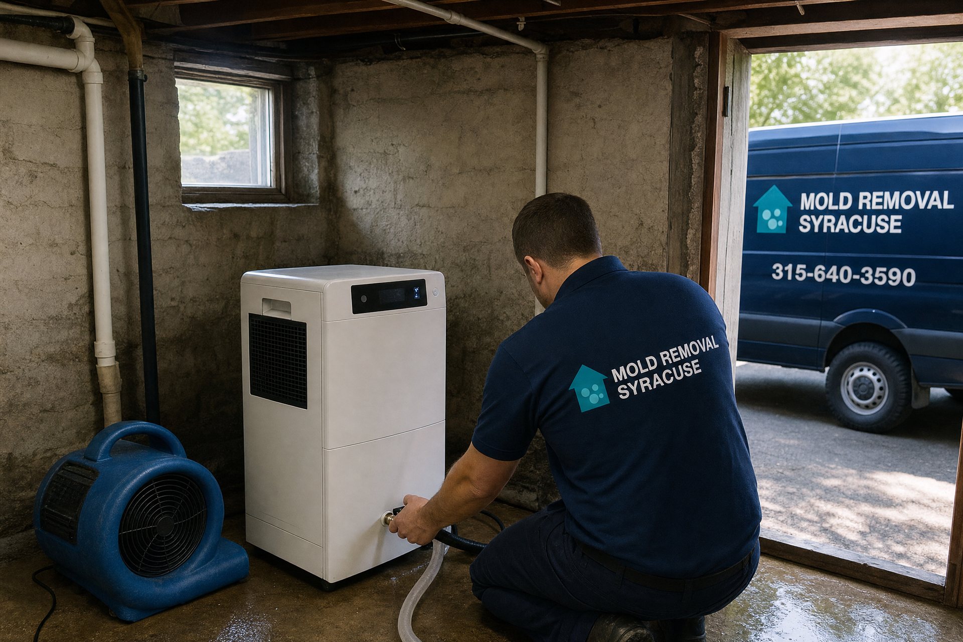 Water drying setup in a basement in summer
