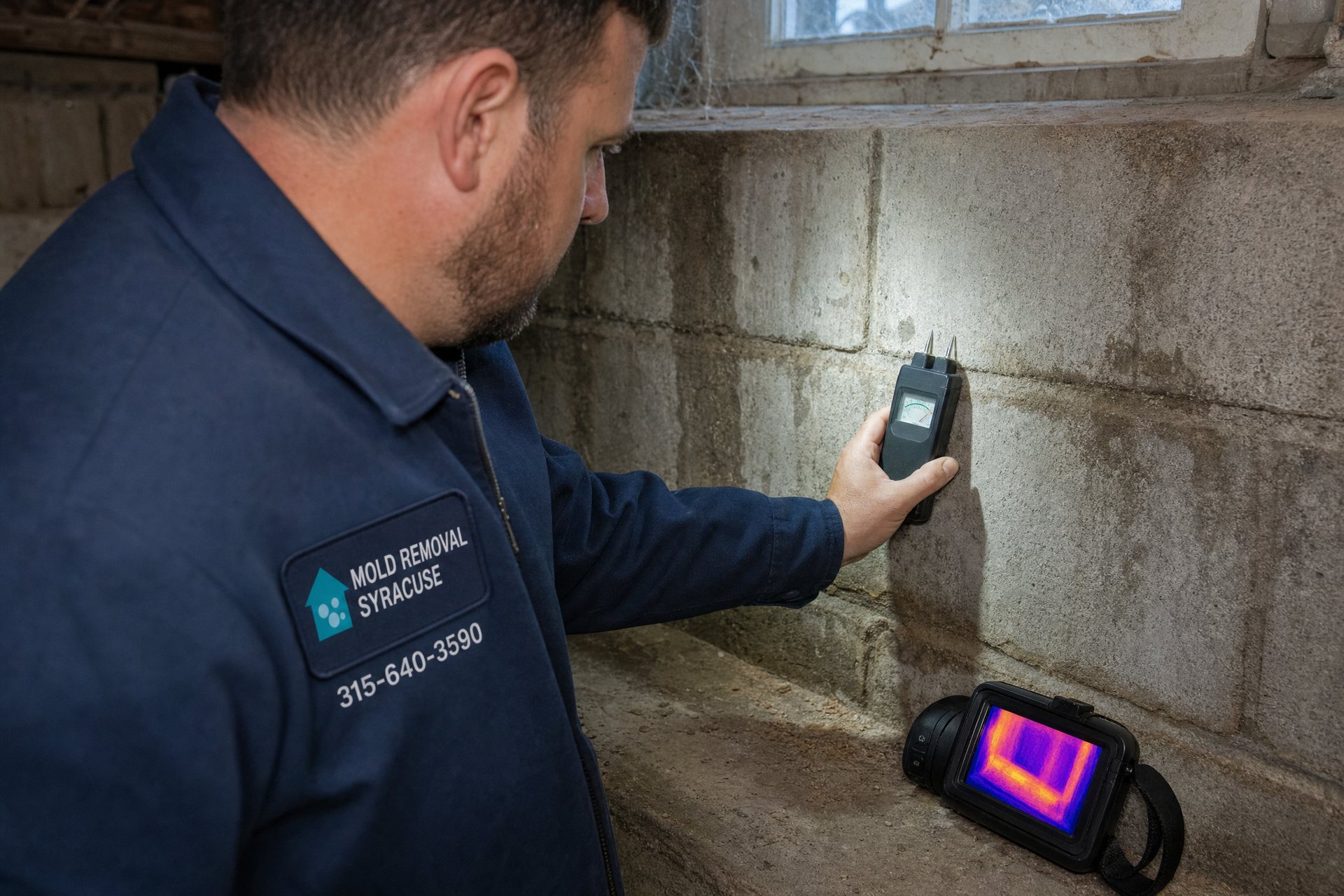 Technician assessing a space in a basement