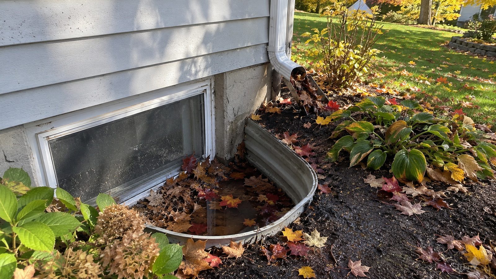 Leaves and moisture around a basement window well