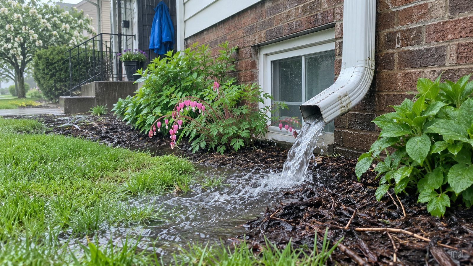Rainwater discharging from a downspout beside a house