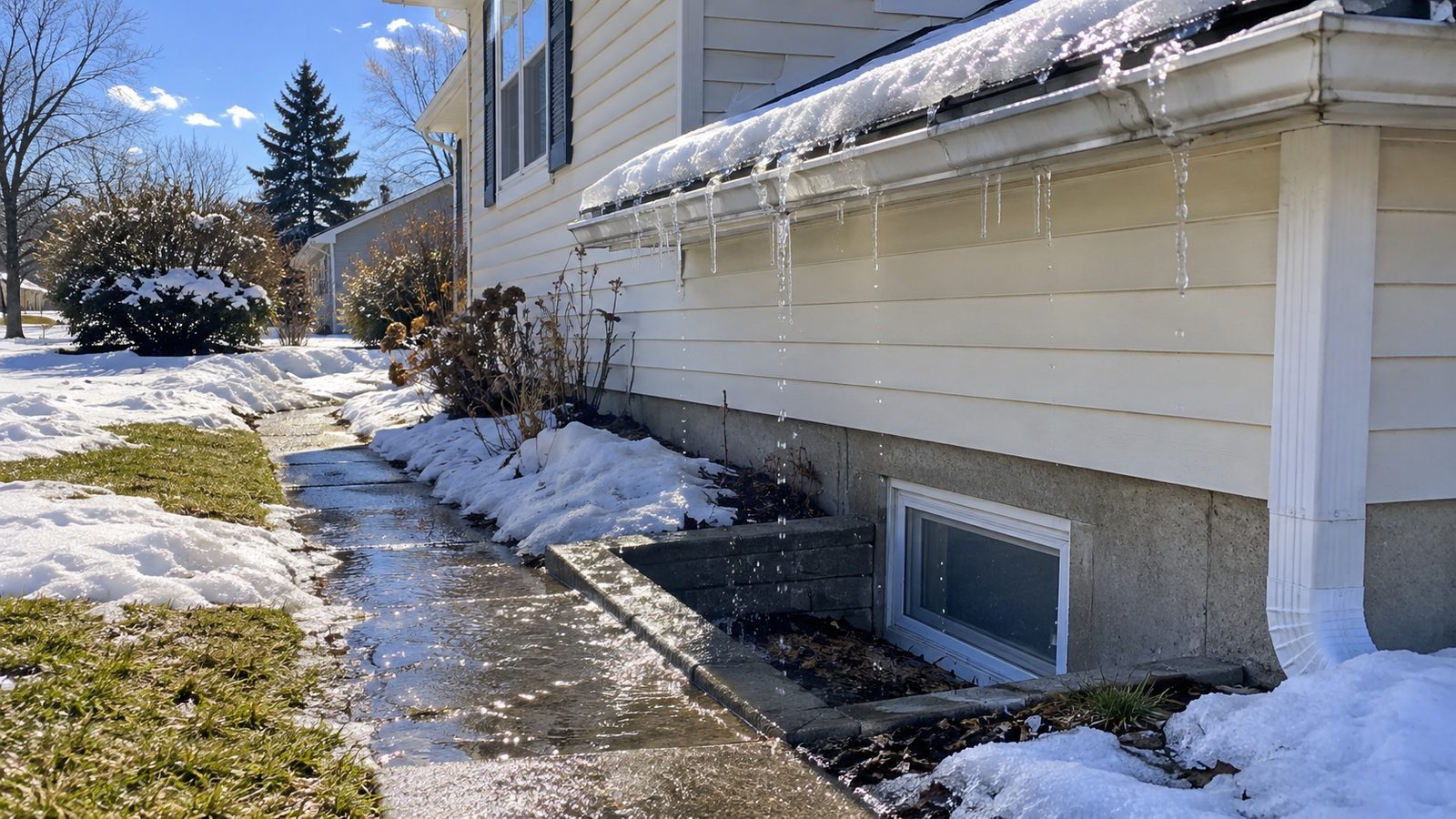 Melting snow beside a home