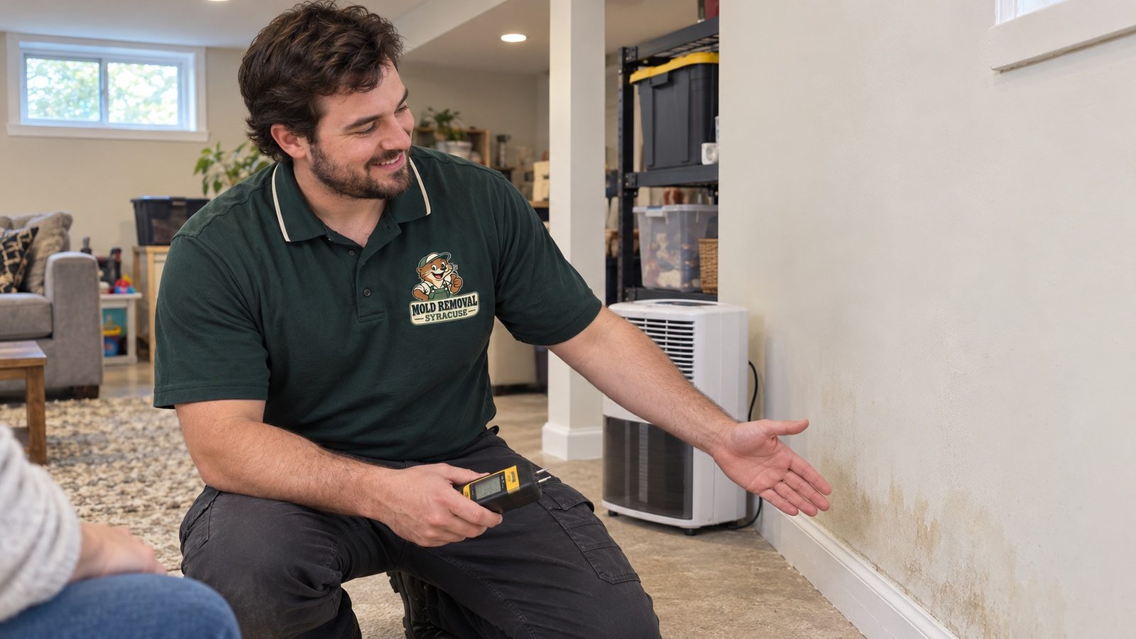 Mold assessor checking a basement wall