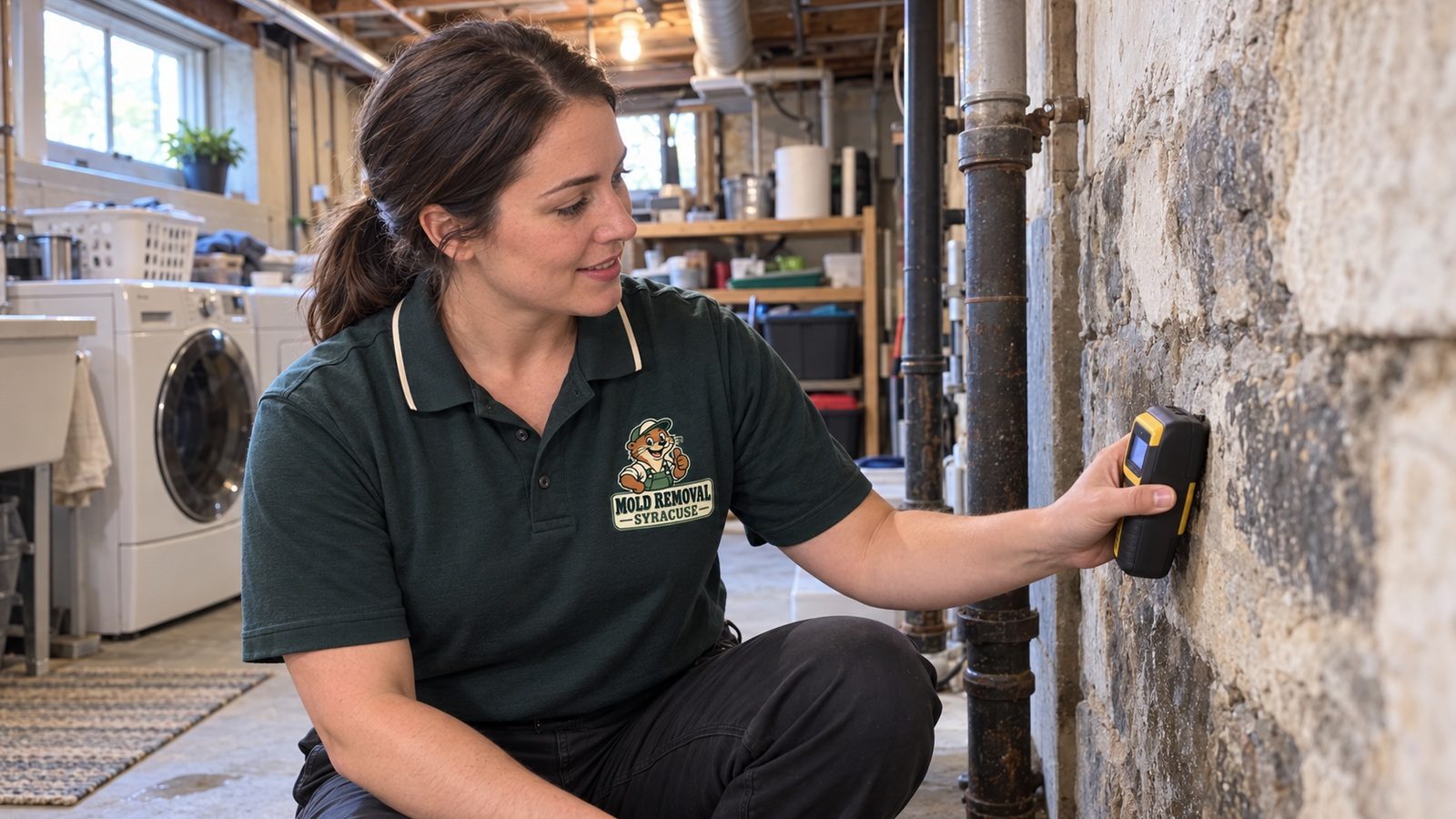 Assessor inspecting moisture in a basement