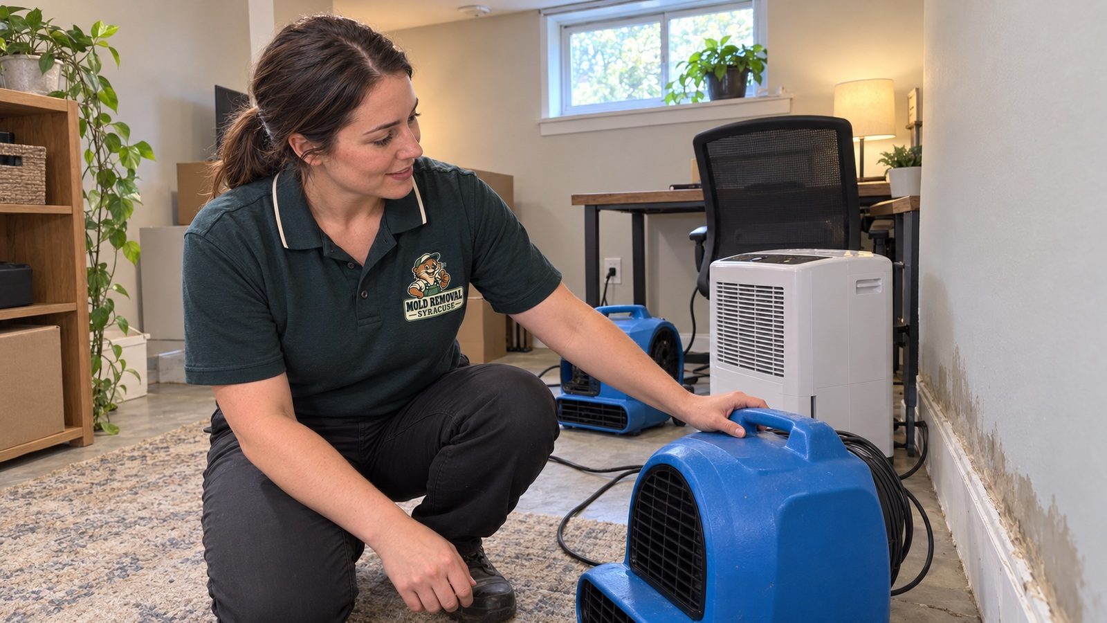Air movers drying a water-damaged room