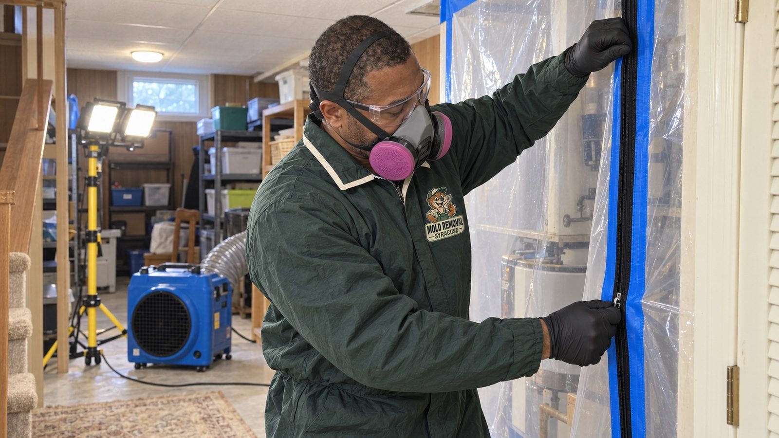 Contained work area during mold remediation