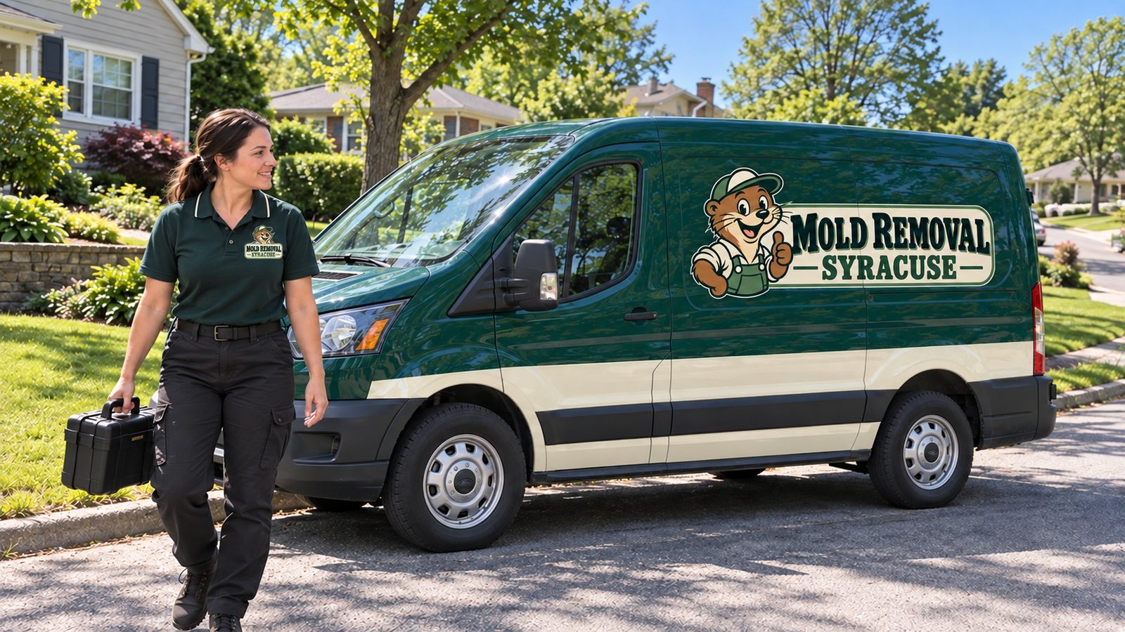 Technician beside the Syracuse service van on a residential street
