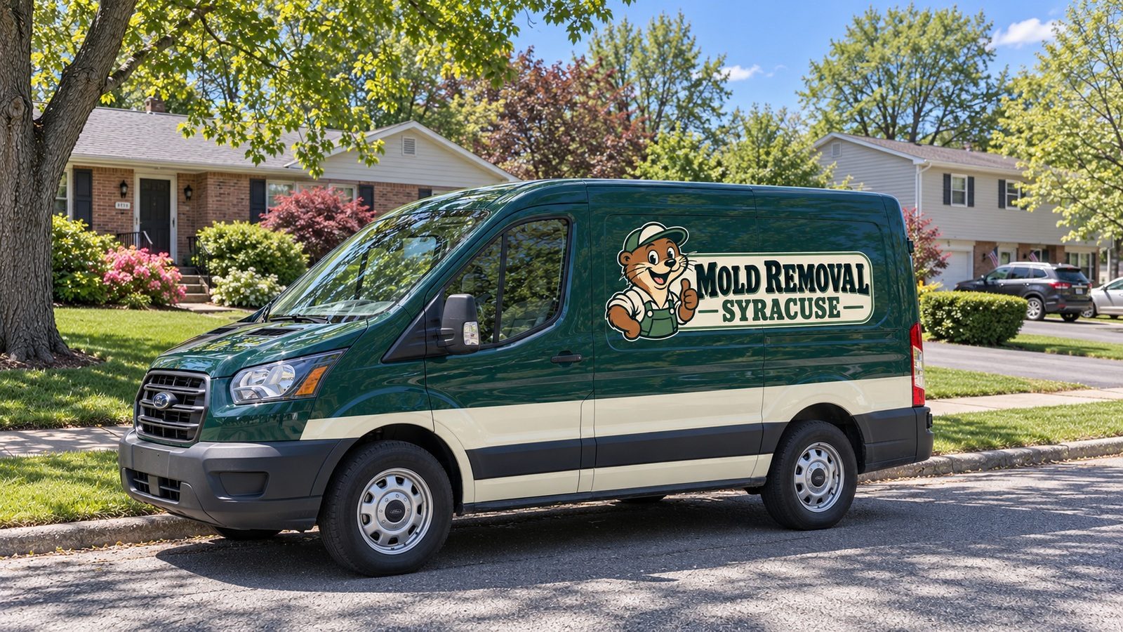 Syracuse service van outside neighborhood homes