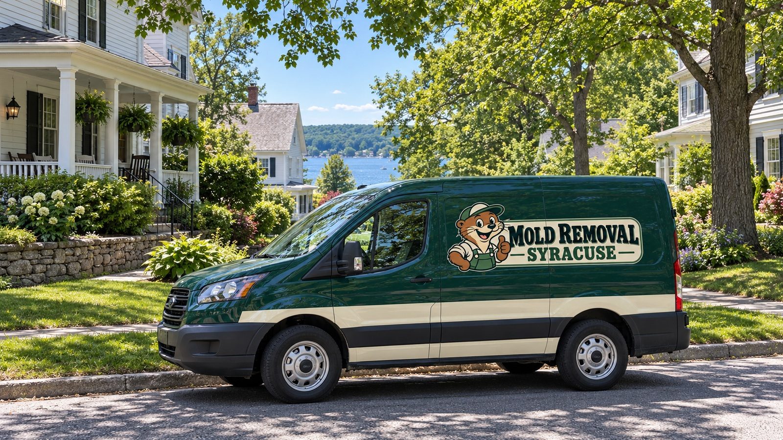 Syracuse service van on a tree-lined street near a lake