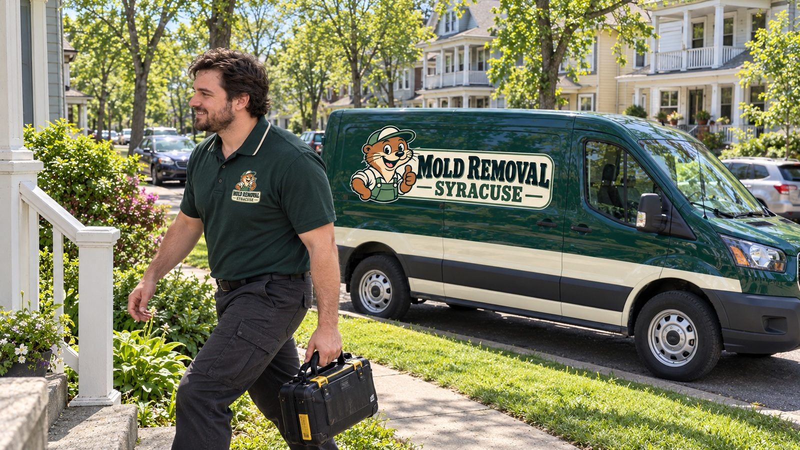 Technician arriving at a home with the Syracuse service van nearby